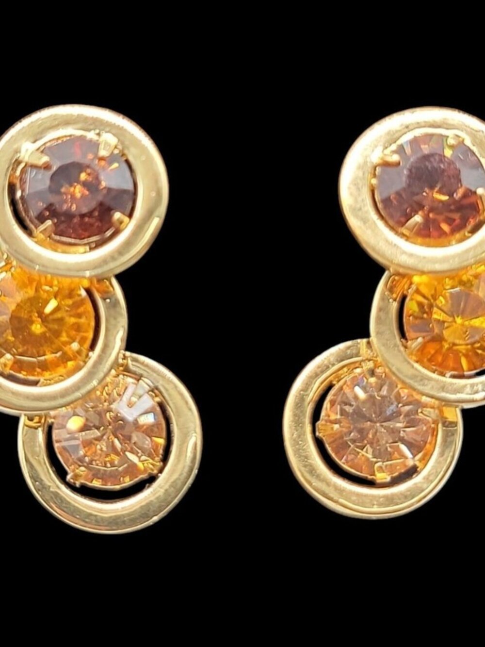 BH China Clip-On Earrings Amber & Brown Rhinestones Vintage Gold Tone - Picture 8 of 16